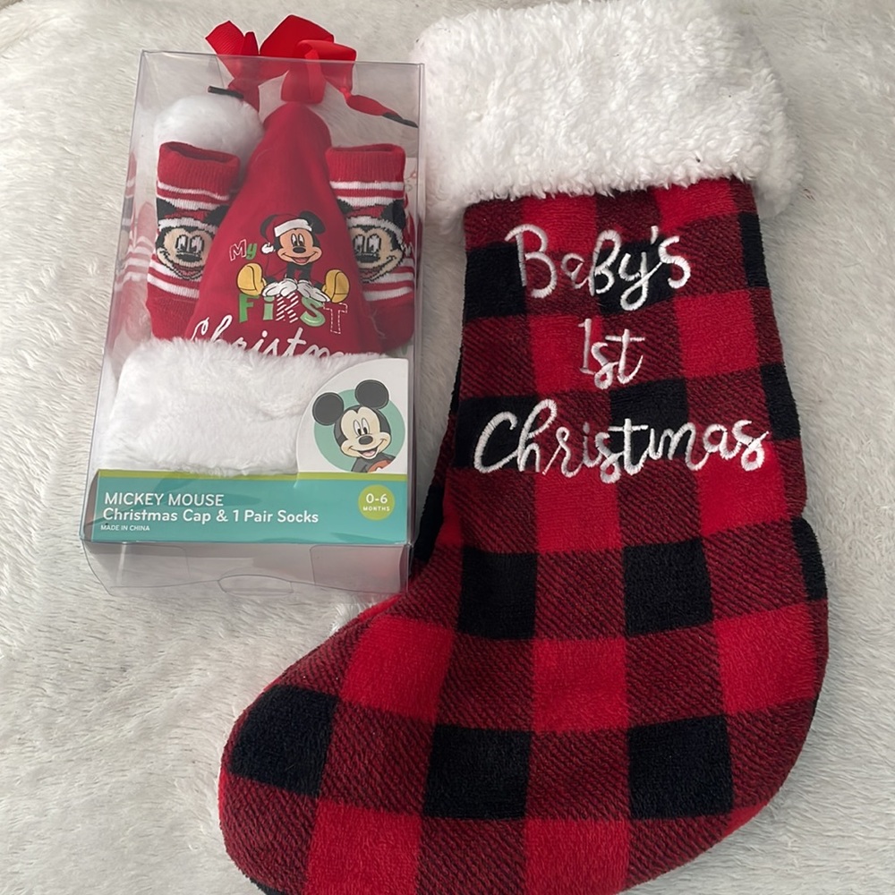 New! Mickey Mouse my 1st Christmas hat with socks & my 1st Christmas stocking.